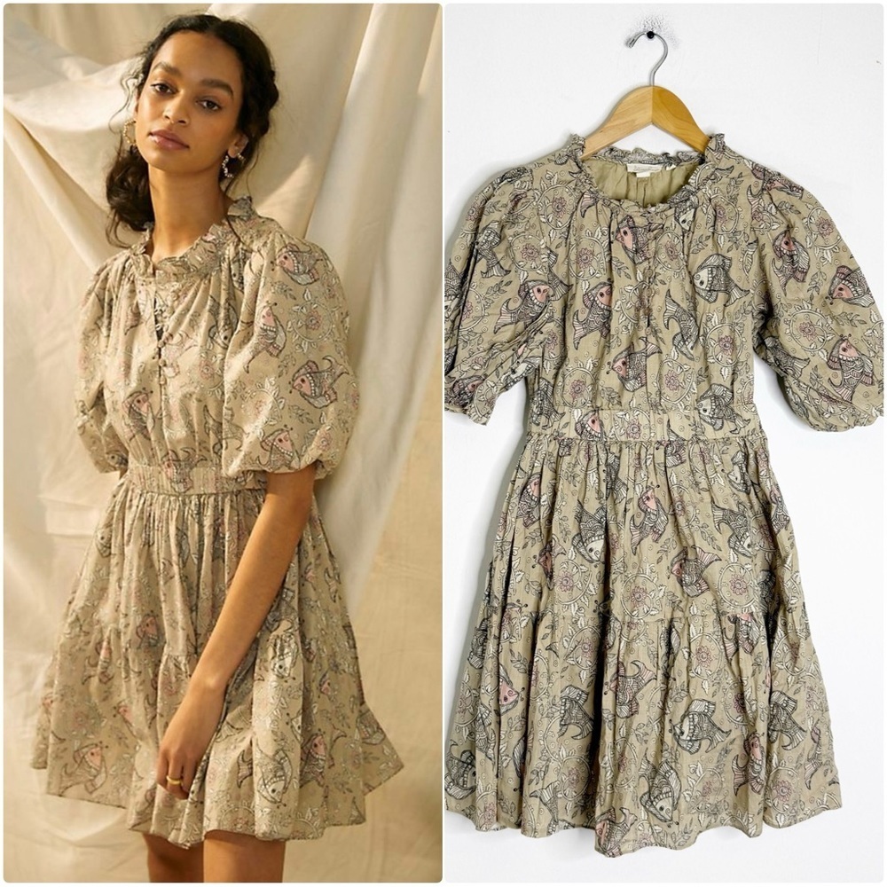 Let Me Be Anthropologie Celeste Fish Print Mini Dress Puff Sleeve 2P